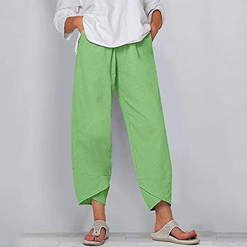 מכנסי פשתן מזדמנים קיץ לנשים מכנסי רגל רחבים רחבים מכנסי חוף זורמים במותניים עם כיסים נוחות נוחות חגיגות נופש תחתיות קפרי מכנסי כושר מכנסי כושר ירוק