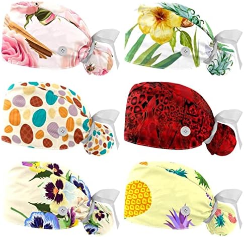 כובעים רפואיים של Ratgdn לנשים עם כפתורים שיער ארוך, כובע עבודה מתכוונן בן 6 חלקים, פרחים ורודים