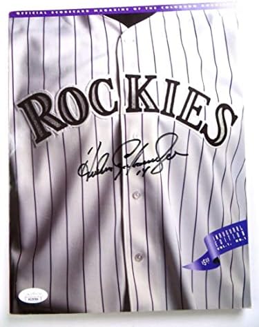 Andres Galarraga חתמה על תוכנית משחק חתימה גיליון ראשון Rockies JSA AH39506 - מגזיני MLB עם חתימה