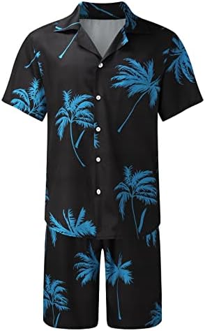חולצות הוואי של Fumood Mens Searts ומכנסיים קצרים מכוונת 2 חלקים כפתור מטה שרוול קצר חולצת טריקו היפי קצרה