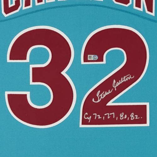 סטיב קרלטון פילדלפיה פיליז עם חתימה תכלת מיטשל ונס ג'רזי אותנטי עם CY 72, 77, 80, 82 אינץ ' - גופיות MLB עם חתימה
