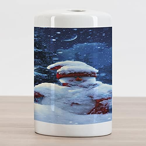 מחזיק מברשת שיניים קרמיקה לחג המולד, איש שלג עם שרביט קסמים וענפי אשוח מכוסים בליל חורף שלג, משטח דקורטיבי רב -תכליתי לחדר אמבטיה, 4.5 x 2.7, לבן כחול כחול לבן
