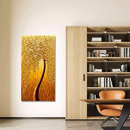 אמנות ייקה, ציורי תלת מימד מודרניים ציור שמן מופשט מצויר ביד על בד יצירות אמנות מופשטות תמונה קישוט קיר לסלון-אמנות קיר עץ מזל זהב-4x48 אינץ '