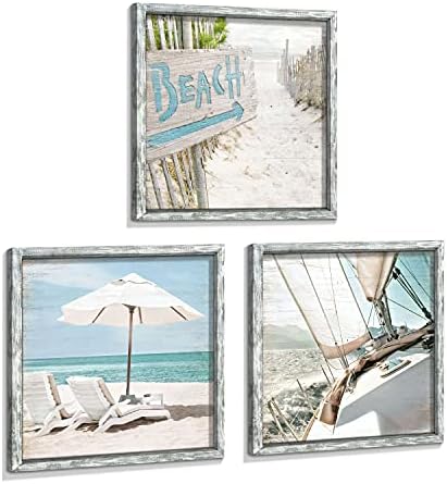 החוף ממוסגר עץ קיר אמנות: אוקיינוס תמונות מפרשית אמנות הדפסי חוף יצירות אמנות אוסף סט של 3 נוף ימי קישוטים לבית