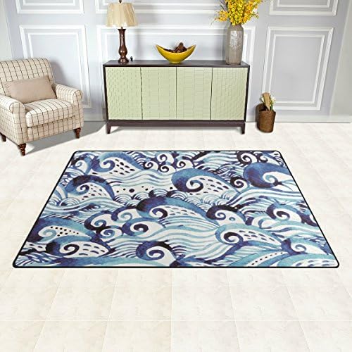גלי מים וולא שטיח שטיח, גל כחול צביעת מים מינימלי שטיח רצפת שטיח ללא החלקה למגורים בחדר מעונות מעונות עיצוב חדר שינה 31x20 אינץ '